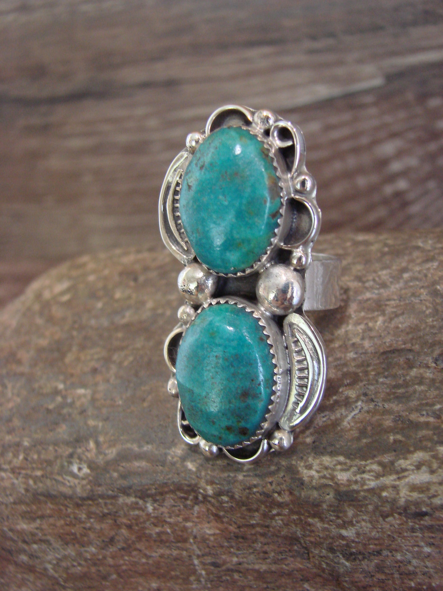Native American Sterling Silver & Turquoise Adjustable Ring Size 8 to 10 - Cleveland
