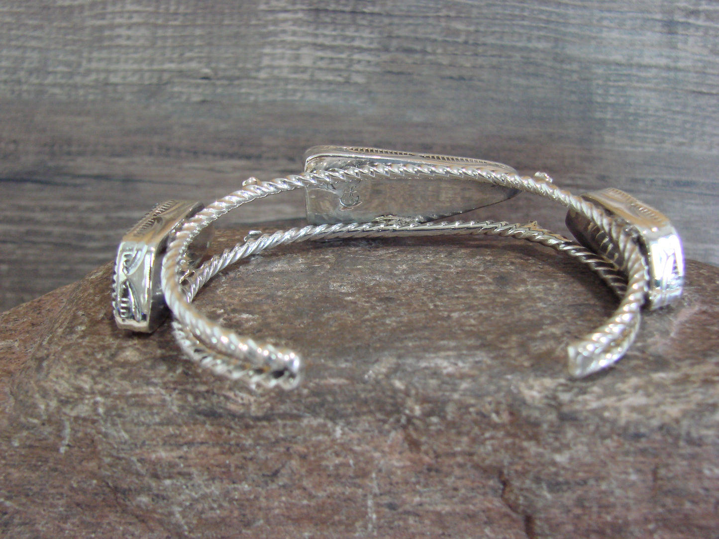 Native American Sterling Silver White Buffalo Turquoise Row Bracelet by Garcia