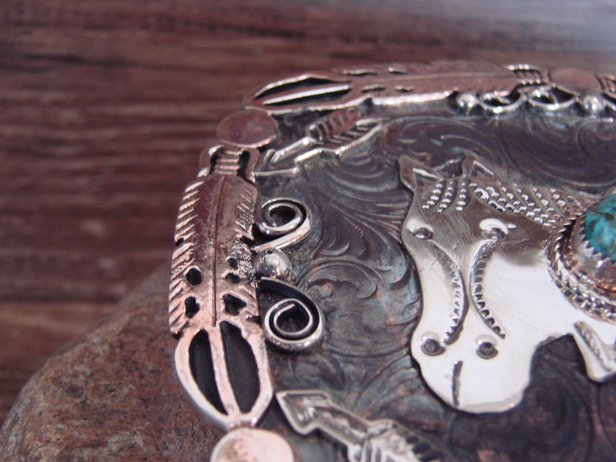 Native American Nickel Silver & Turquoise Horse Belt Buckle - Cleveland