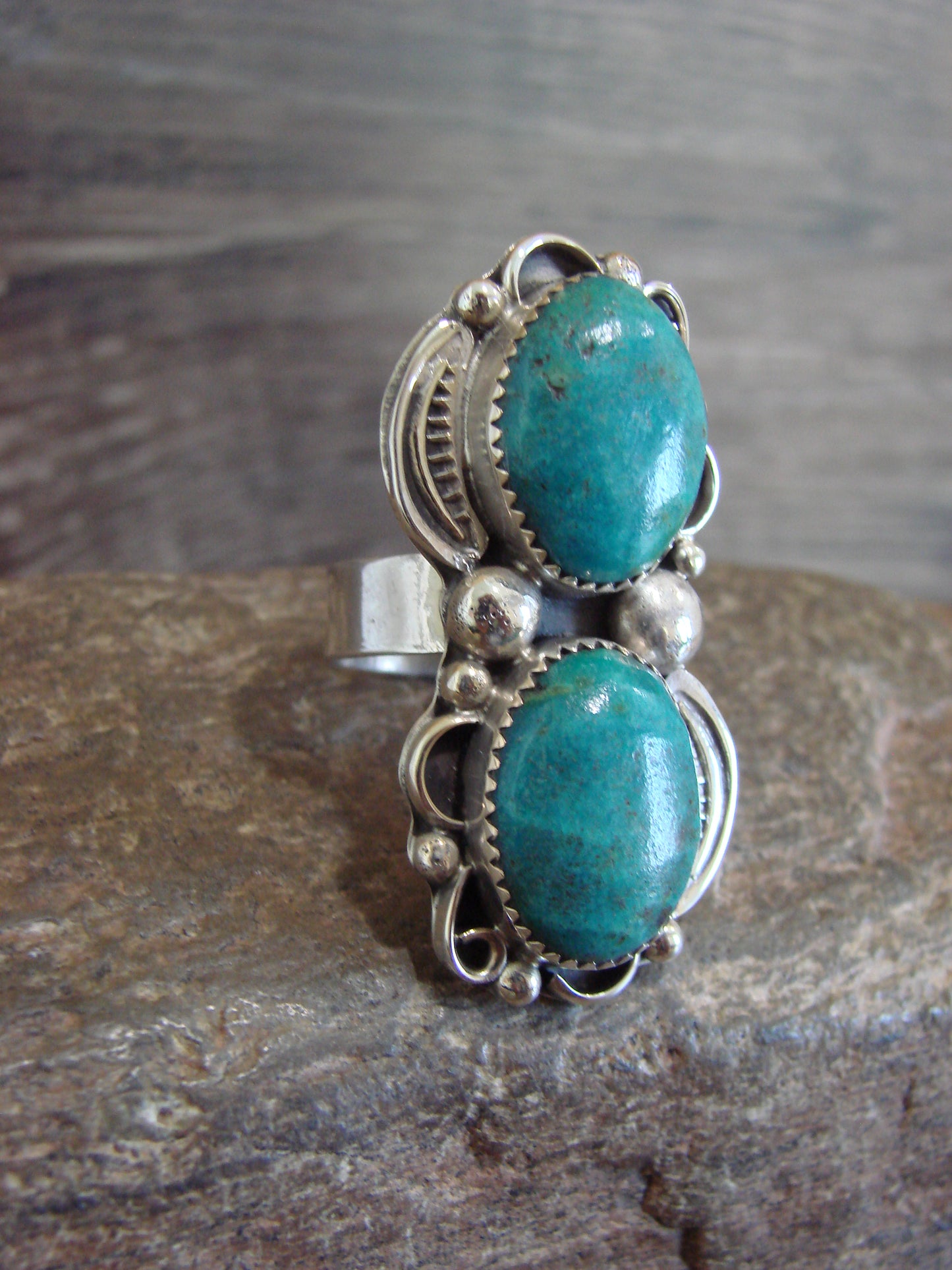 Native American Sterling Silver & Turquoise Adjustable Ring Size 8 to 10 - Cleveland