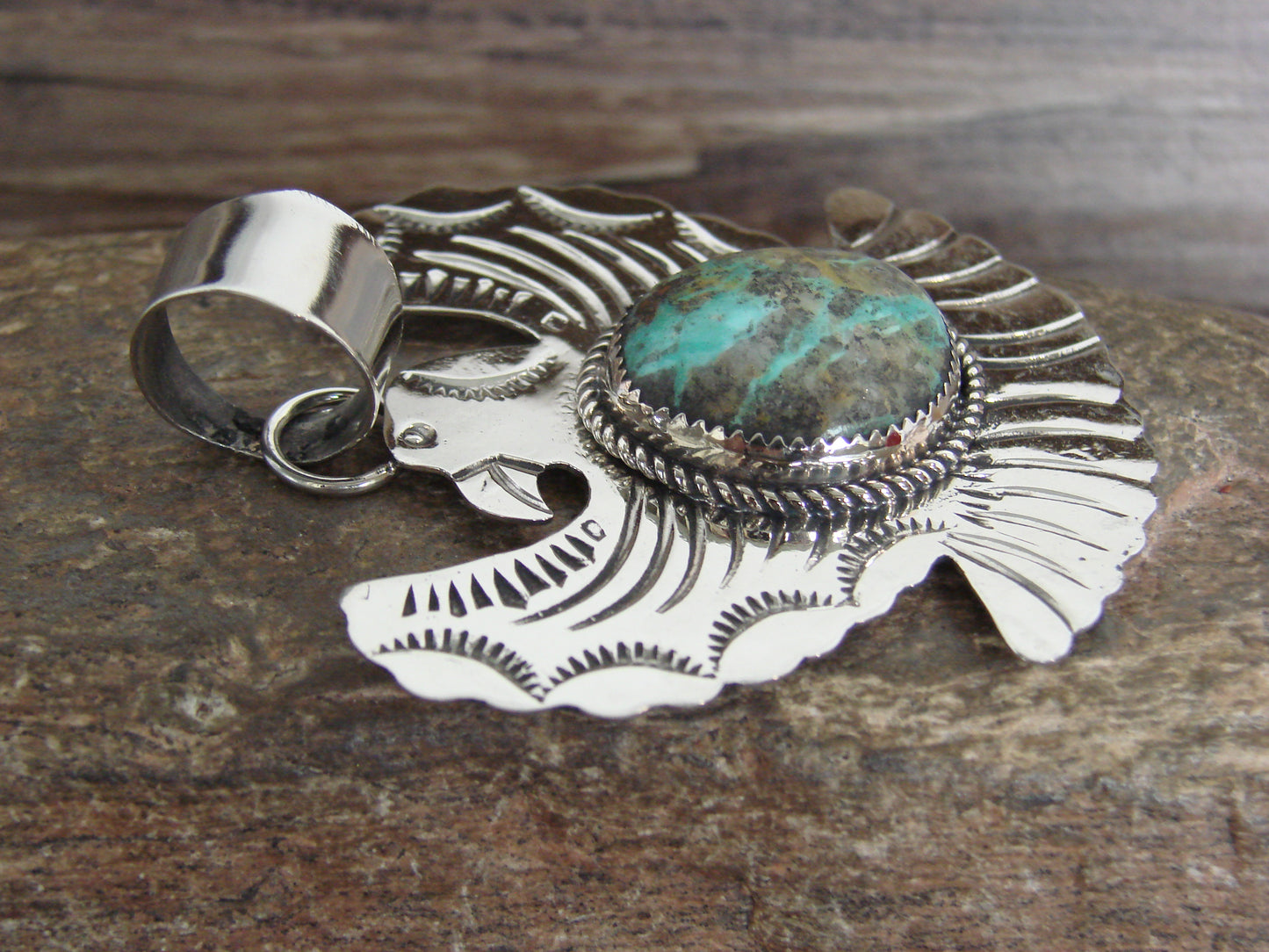 Native American Nickel Silver & Turquoise Eagle Pendant - Cleveland