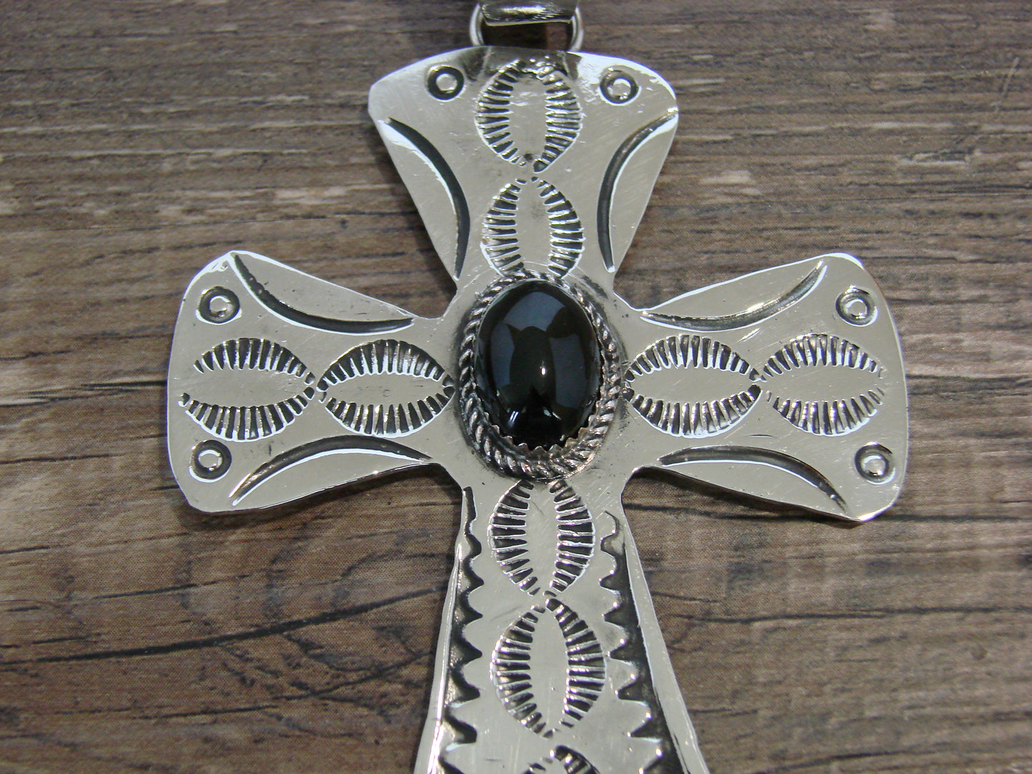Large Native American Nickel Silver & Onyx Cross Pendant - Cleveland