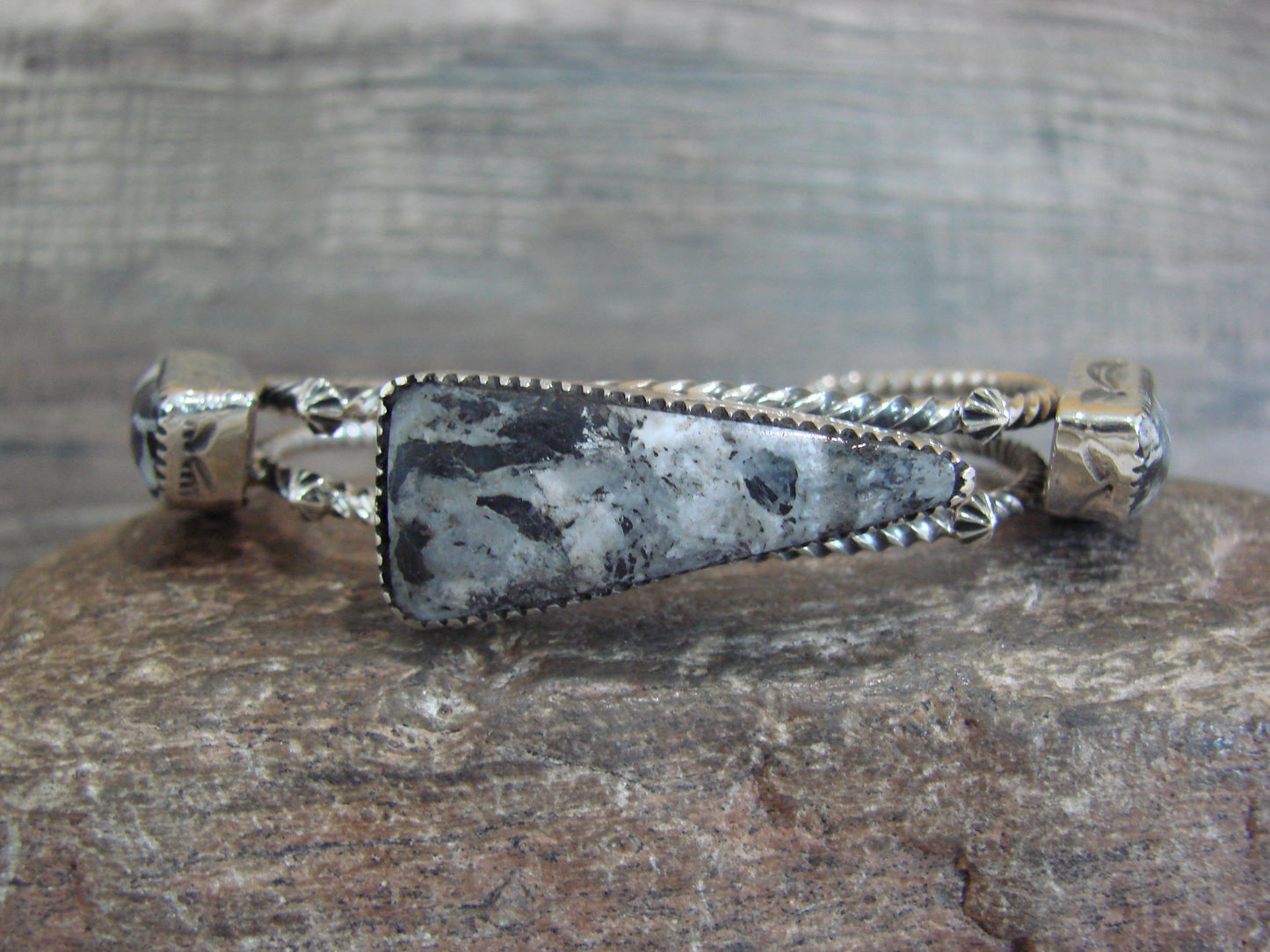 Native American Sterling Silver White Buffalo Turquoise Row Bracelet by Garcia