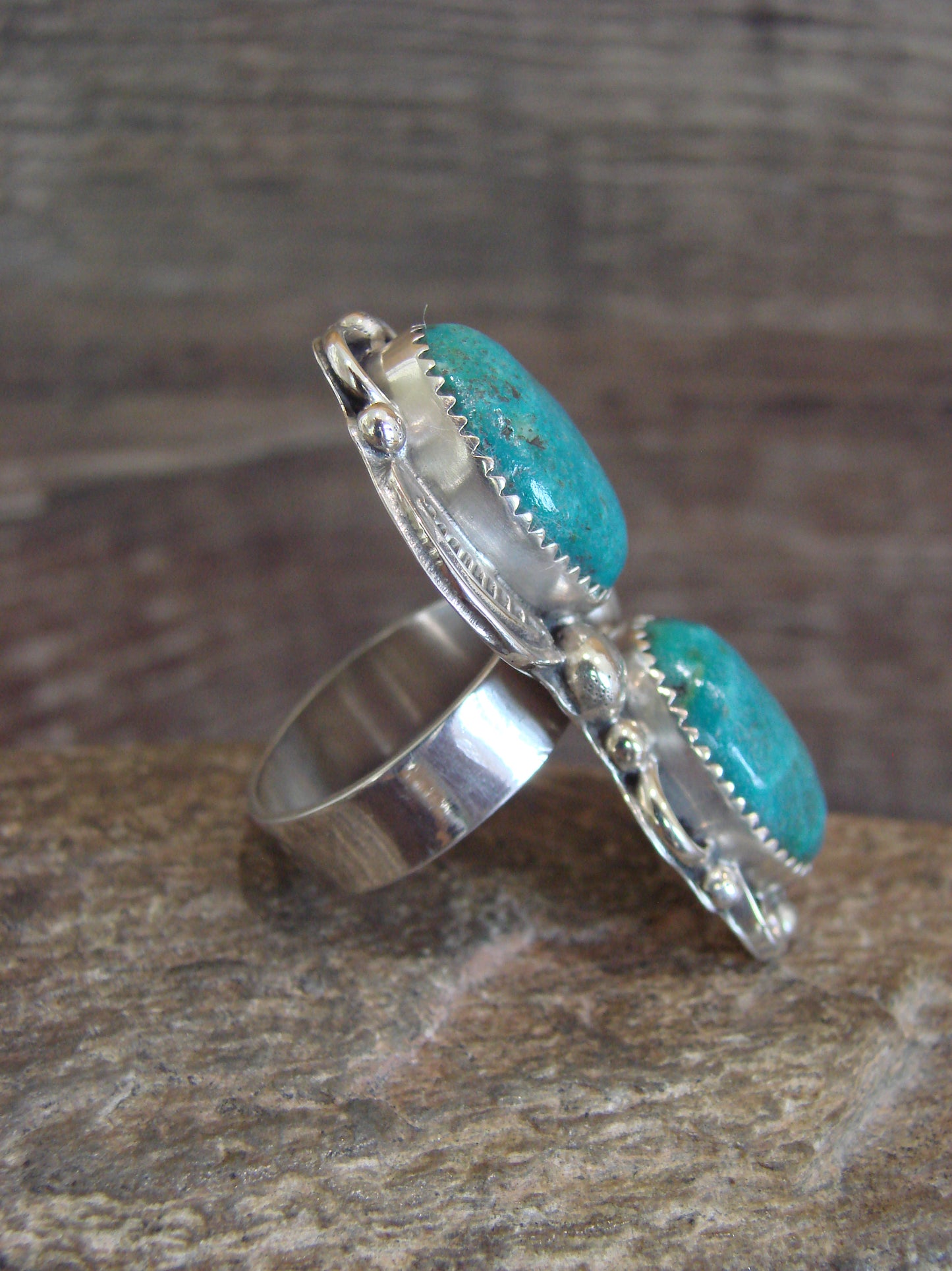 Native American Sterling Silver & Turquoise Adjustable Ring Size 8 to 10 - Cleveland