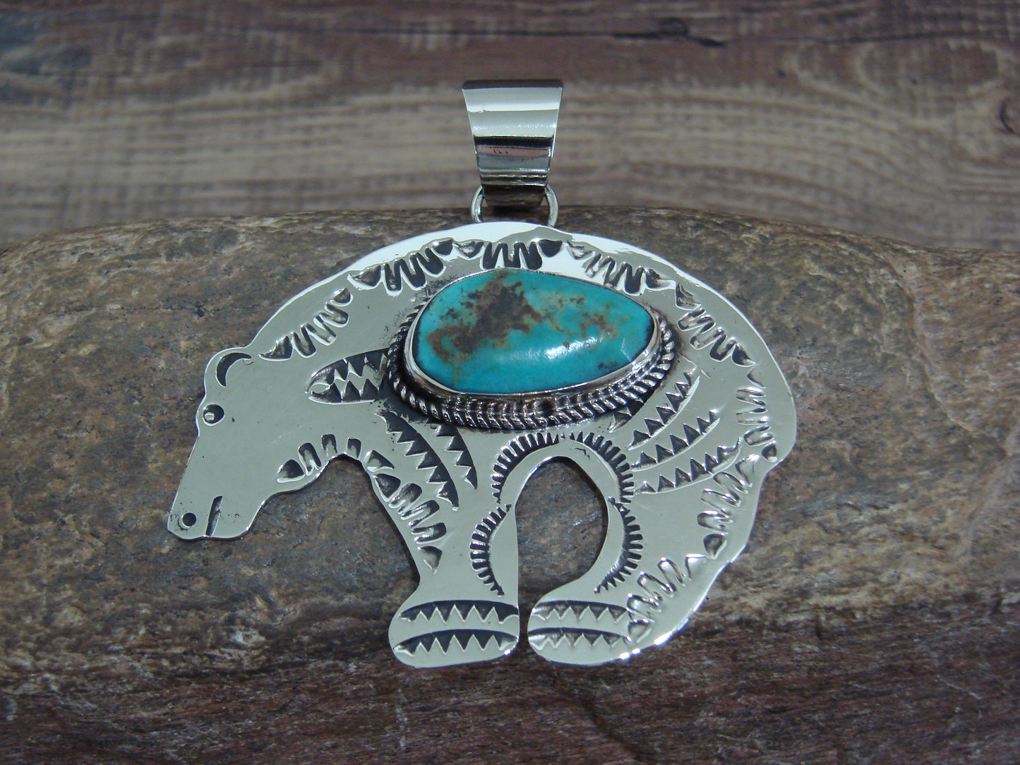 Native American Nickel Silver & Turquoise Bear Pendant - Cleveland