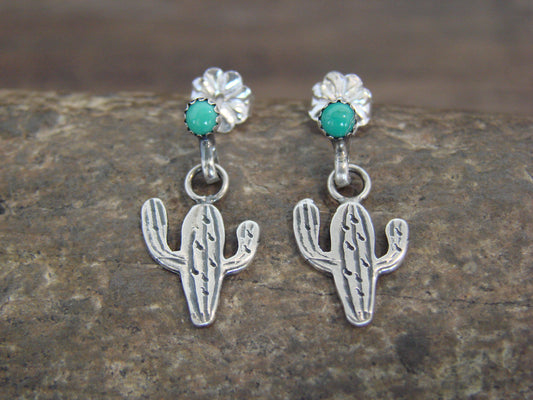 Native American Sterling Silver Turquoise Cactus Post Dangle Earrings - Yazzie