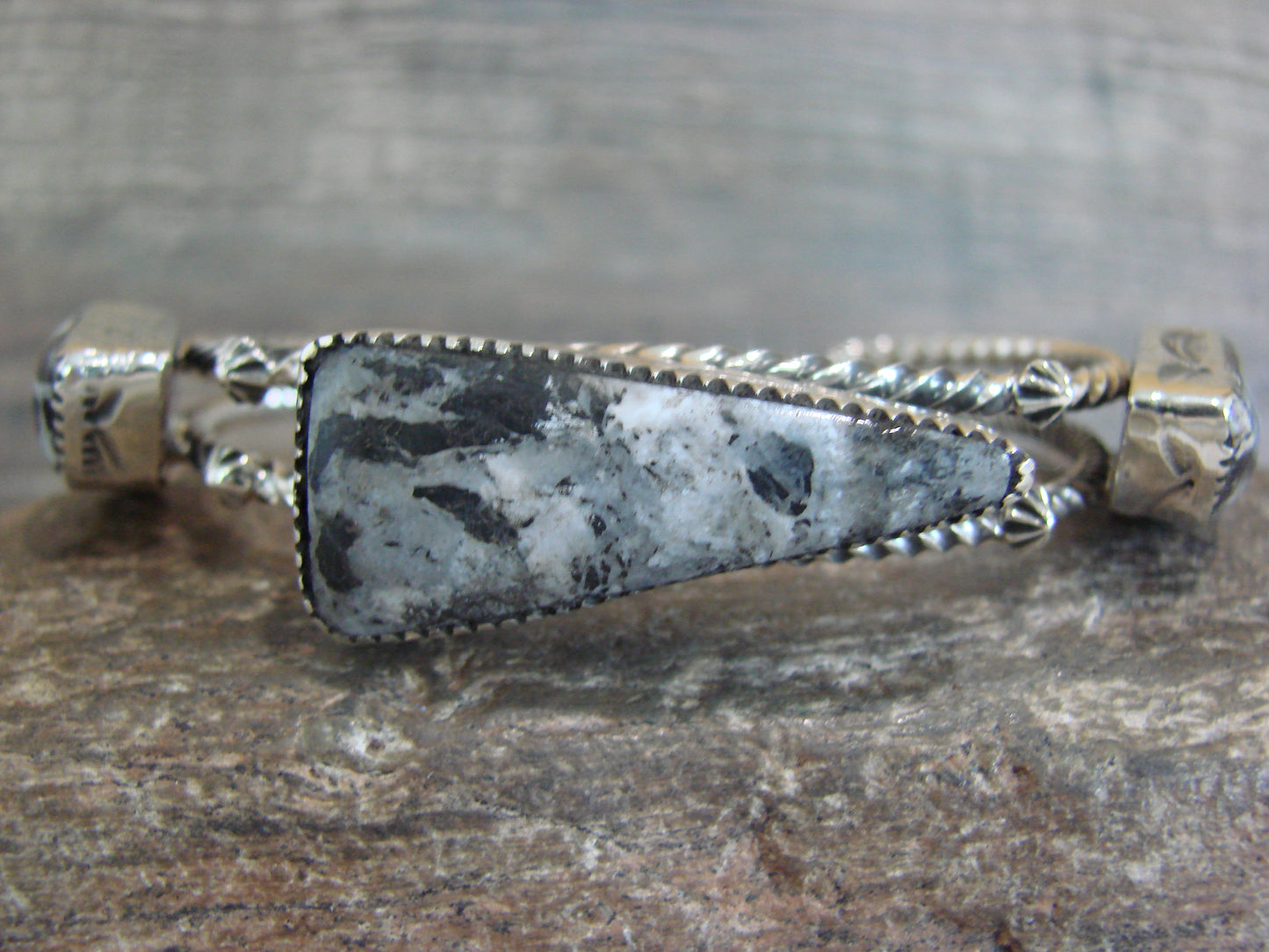 Native American Sterling Silver White Buffalo Turquoise Row Bracelet by Garcia