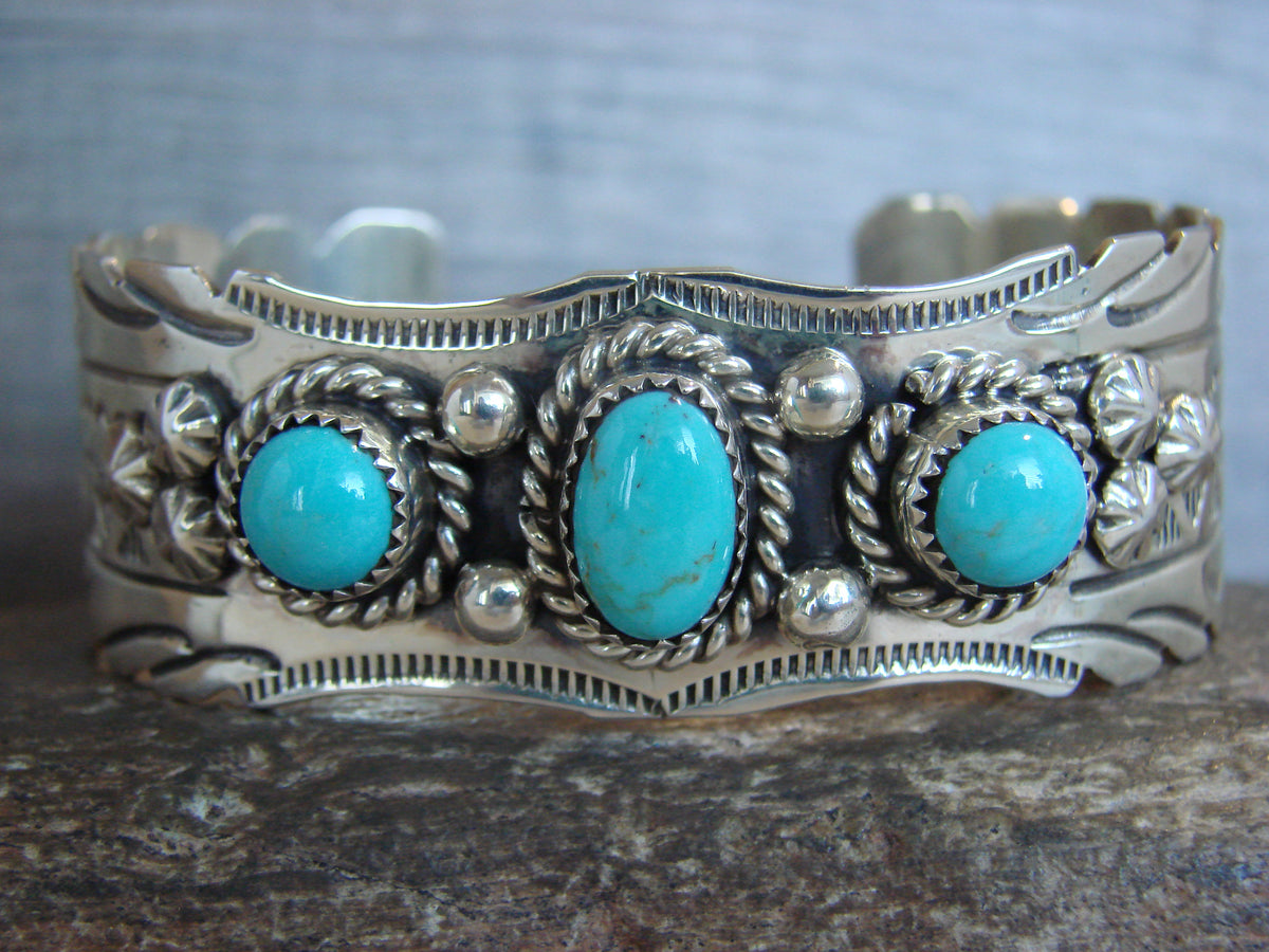 Native American Sterling Silver & Turquoise Row Bracelet by Bahe