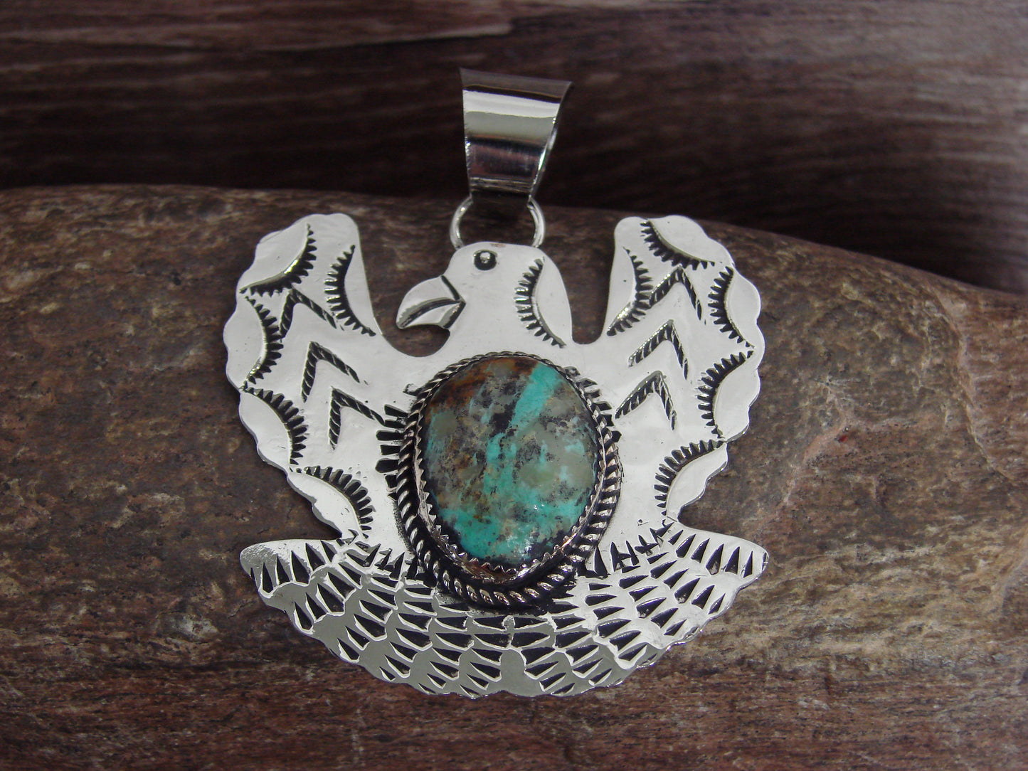 Native American Nickel Silver & Turquoise Eagle Pendant - Cleveland