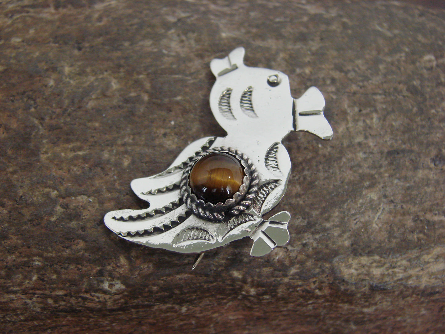 Native American Nickel Silver & Tiger Eye Duck Pin - Cleveland
