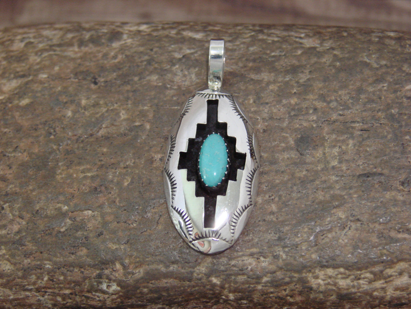 Native American Indian Sterling Silver & Turquoise Shadow Box Pendant - Perry