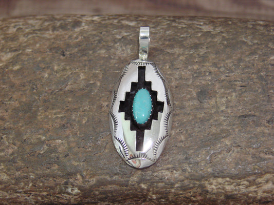 Native American Indian Sterling Silver & Turquoise Shadow Box Pendant - Perry