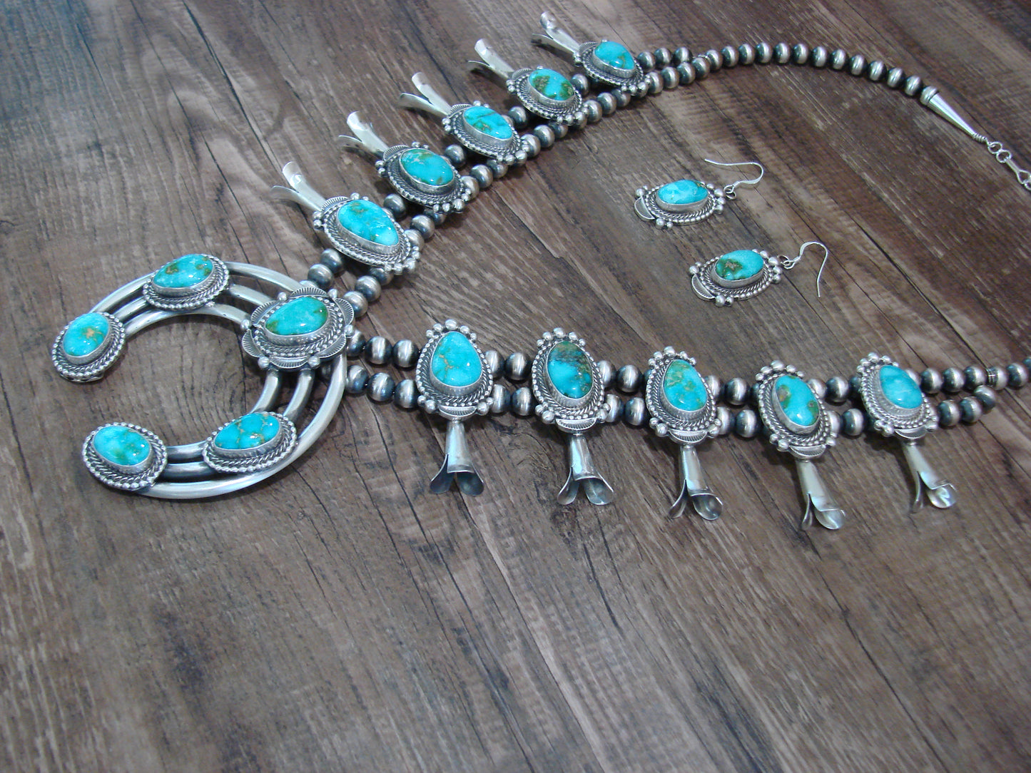 Native American Sterling Silver & Turquoise Squash Blossom Set By Tom Lewis