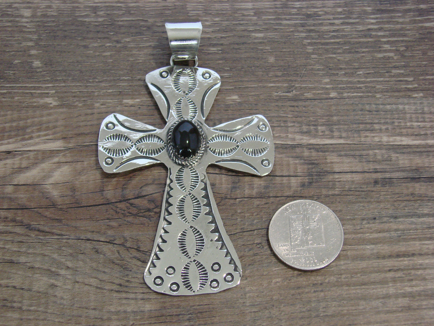 Large Native American Nickel Silver & Onyx Cross Pendant - Cleveland