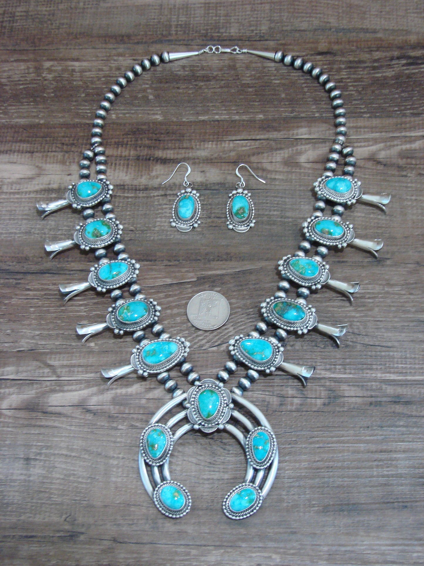 Native American Sterling Silver & Turquoise Squash Blossom Set By Tom Lewis