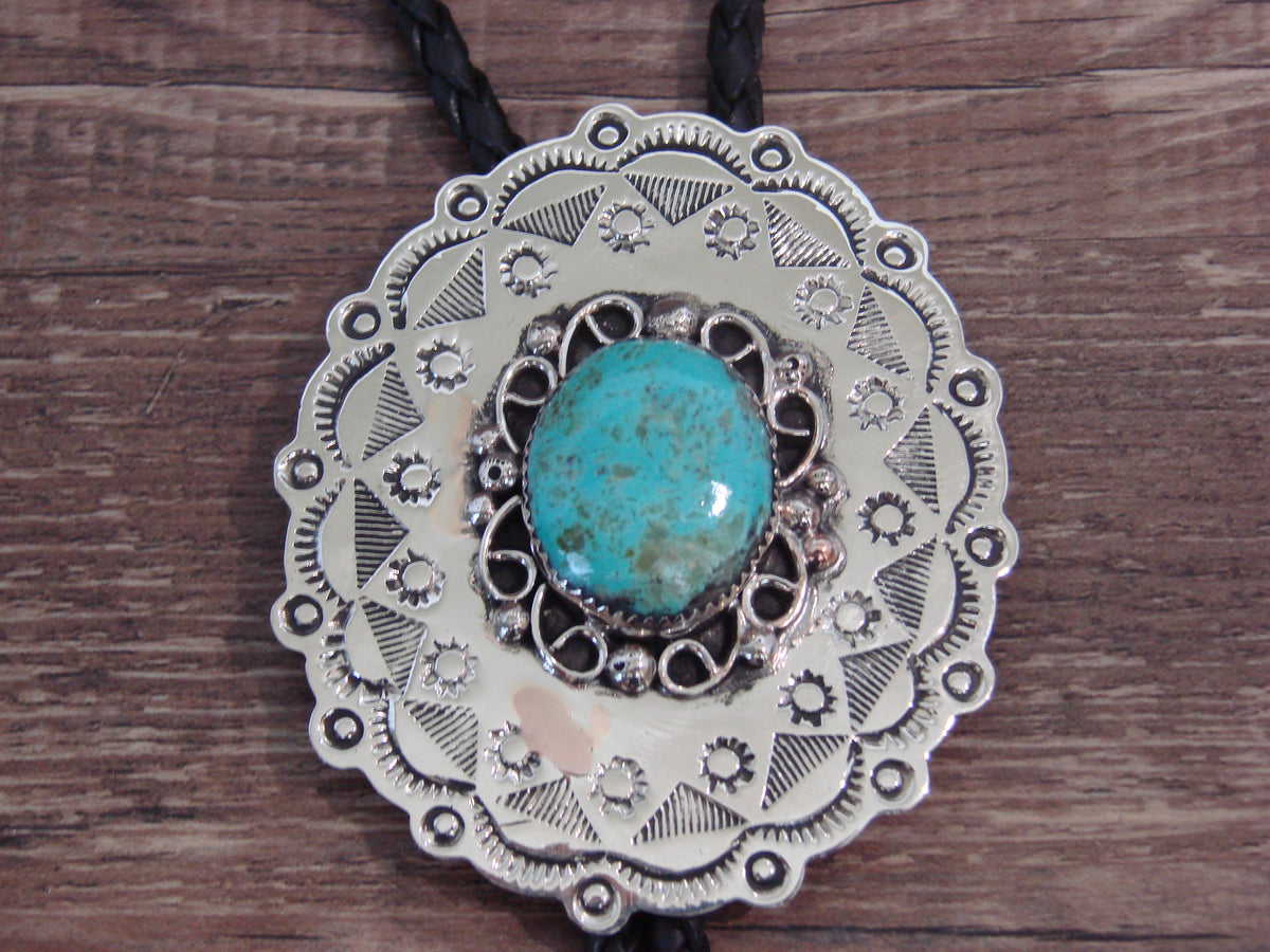 Native American Nickel Silver & Turquoise Bolo Tie - Cleveland