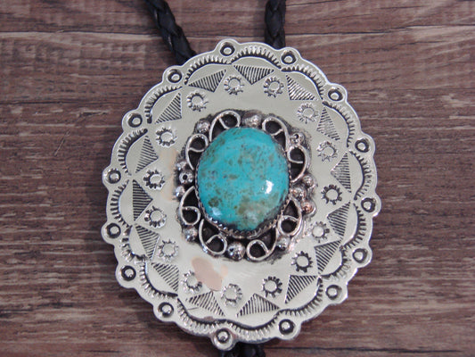 Native American Nickel Silver & Turquoise Bolo Tie - Cleveland