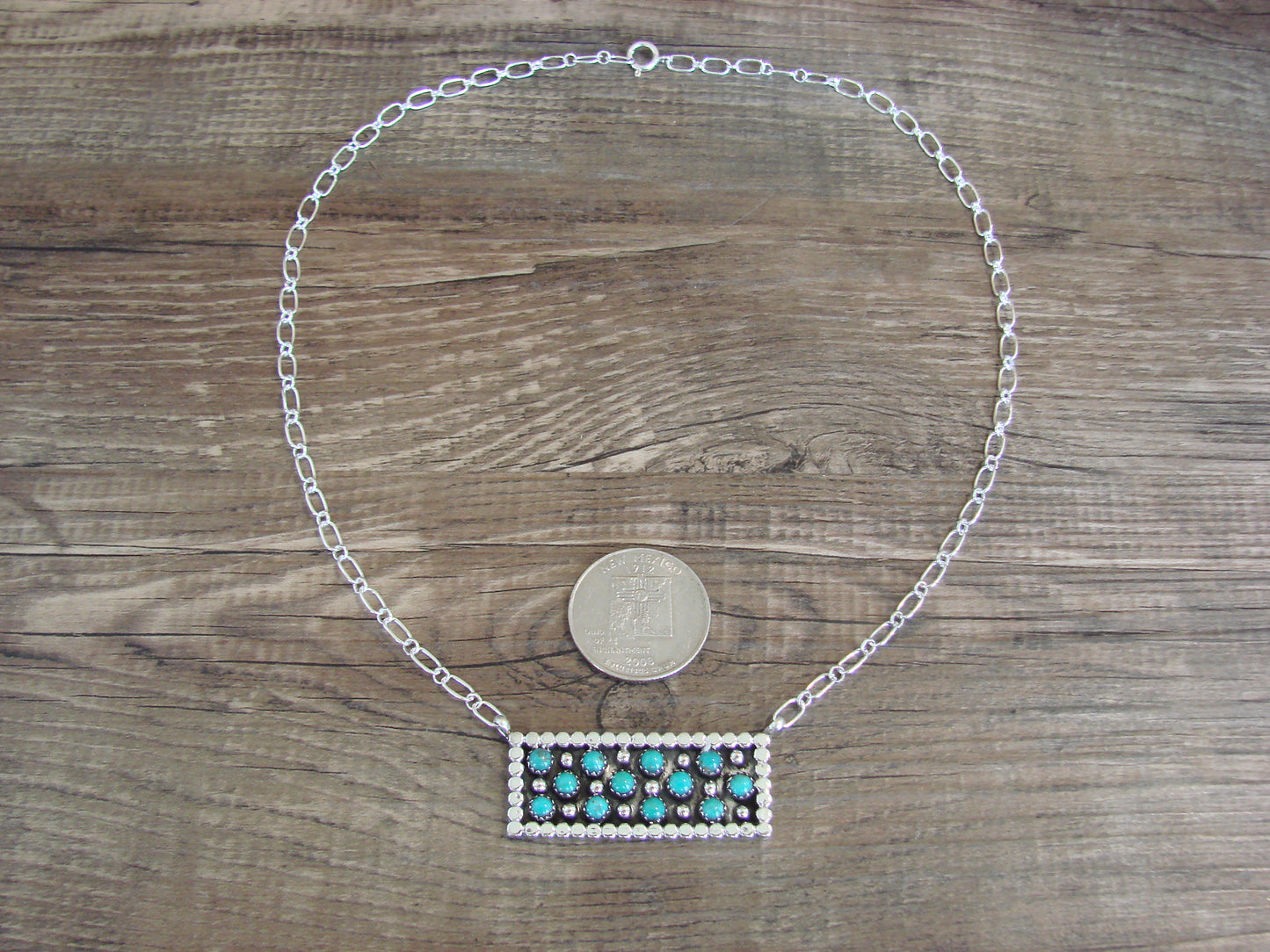 Native American 18" Sterling Silver & Turquoise Cluster Link Necklace by Lonjose