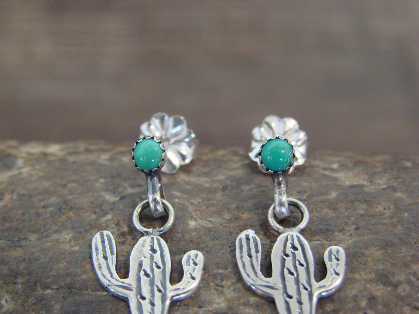 Native American Sterling Silver Turquoise Cactus Post Dangle Earrings - Yazzie