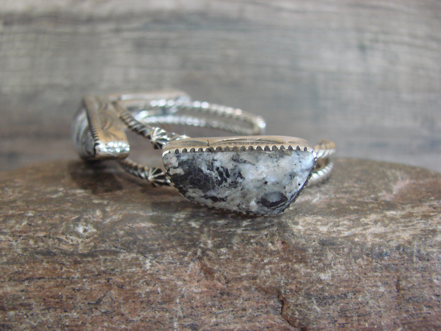 Native American Sterling Silver White Buffalo Turquoise Row Bracelet by Garcia