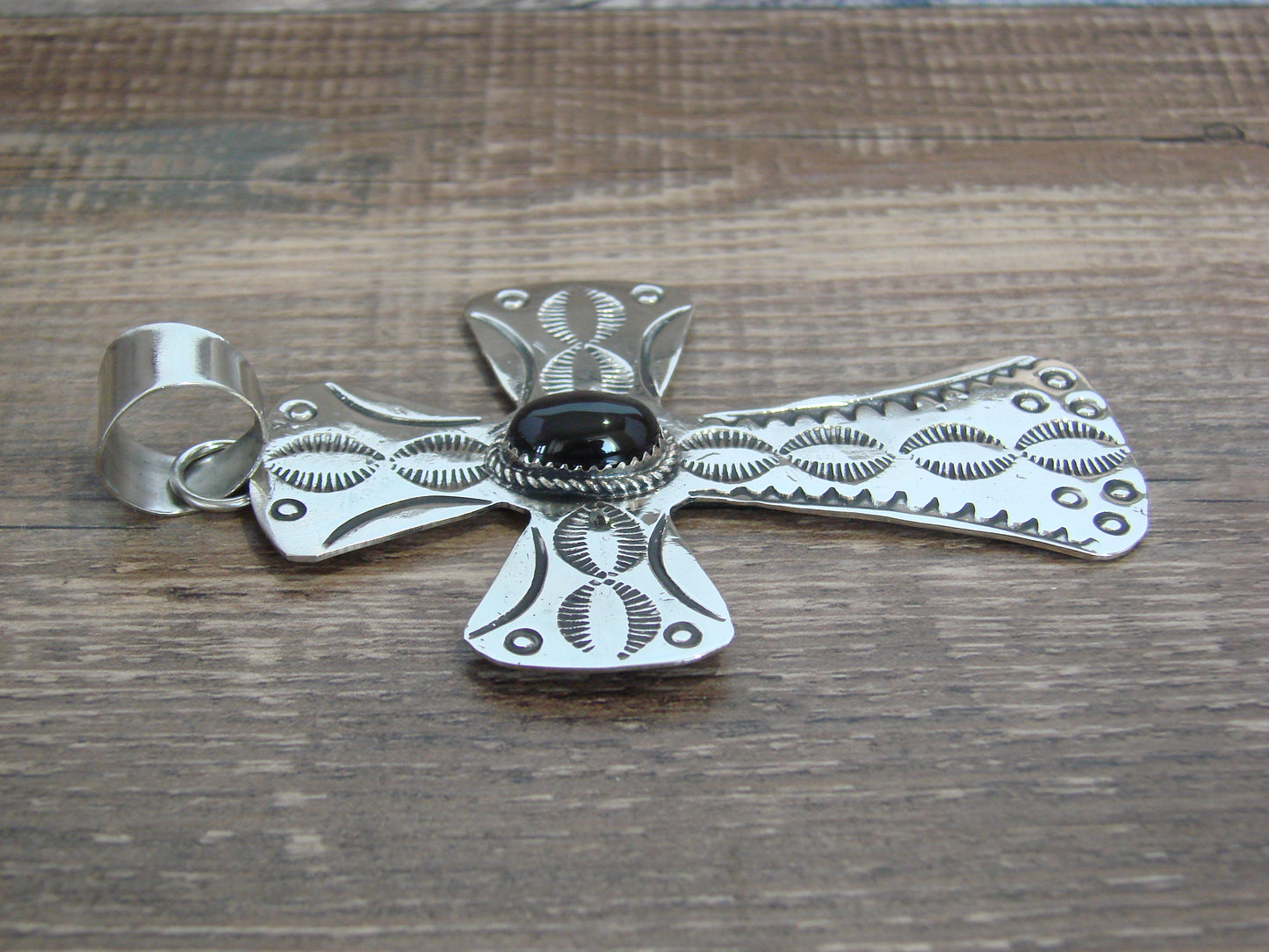 Large Native American Nickel Silver & Onyx Cross Pendant - Cleveland