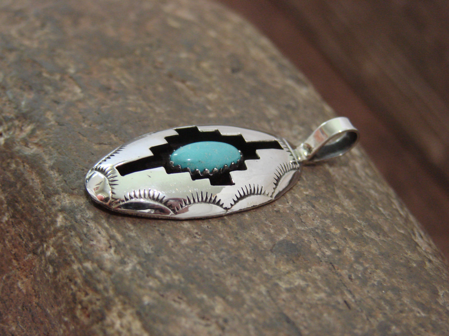 Native American Indian Sterling Silver & Turquoise Shadow Box Pendant - Perry