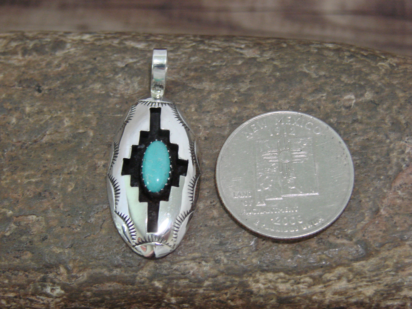 Native American Indian Sterling Silver & Turquoise Shadow Box Pendant - Perry