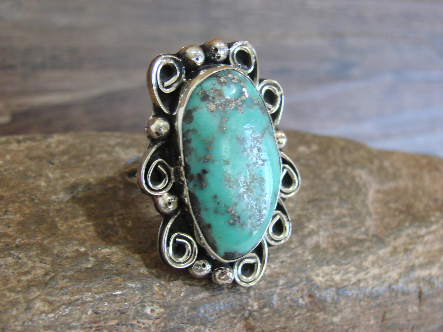 Native American Nickel Silver & Turquoise Ring by Cleveland - Size 11