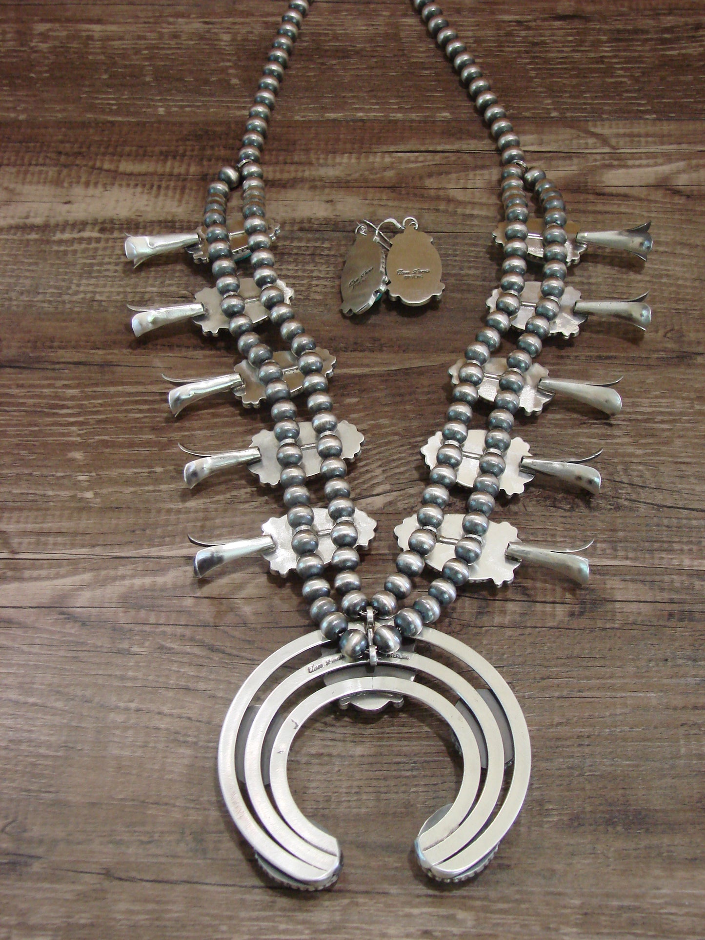 Native American Sterling Silver & Turquoise Squash Blossom Set By Tom Lewis