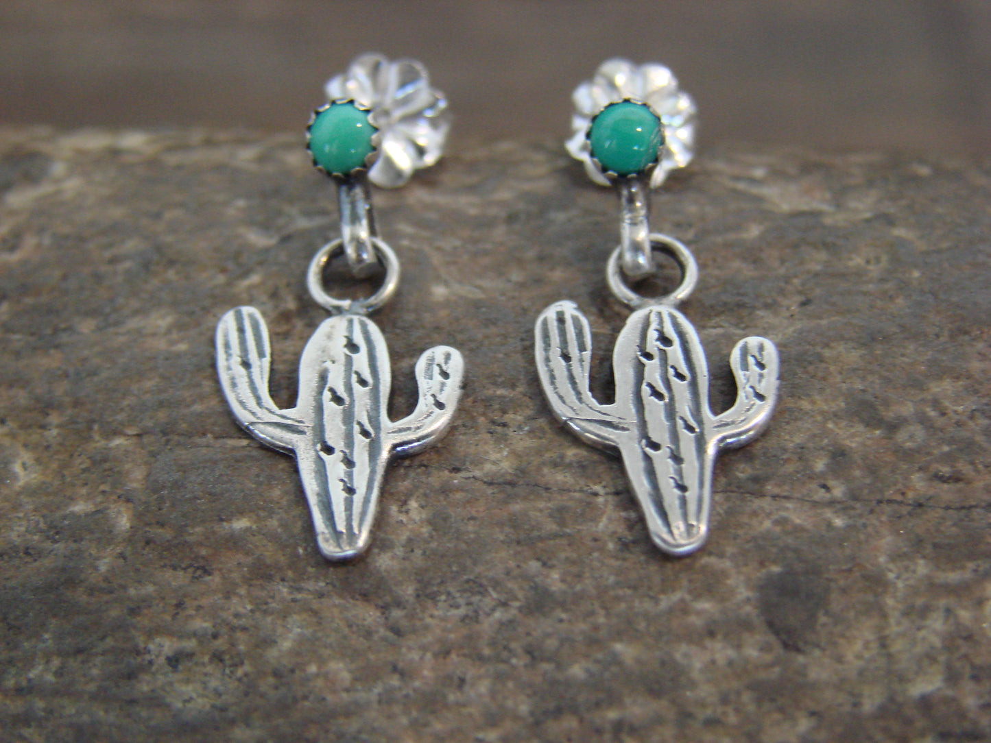 Native American Sterling Silver Turquoise Cactus Post Dangle Earrings - Yazzie