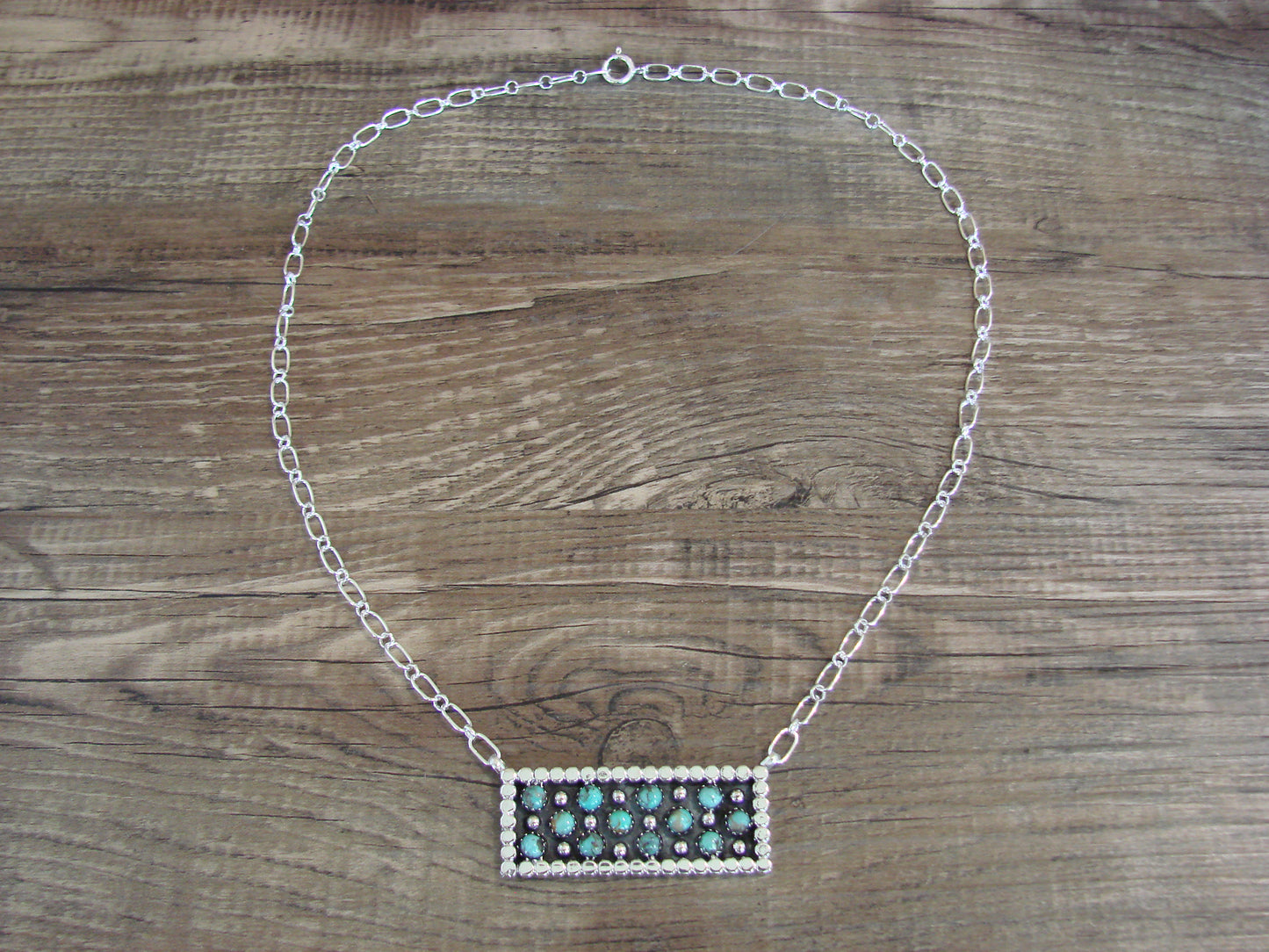 Native American 18" Sterling Silver & Turquoise Cluster Link Necklace by Lonjose