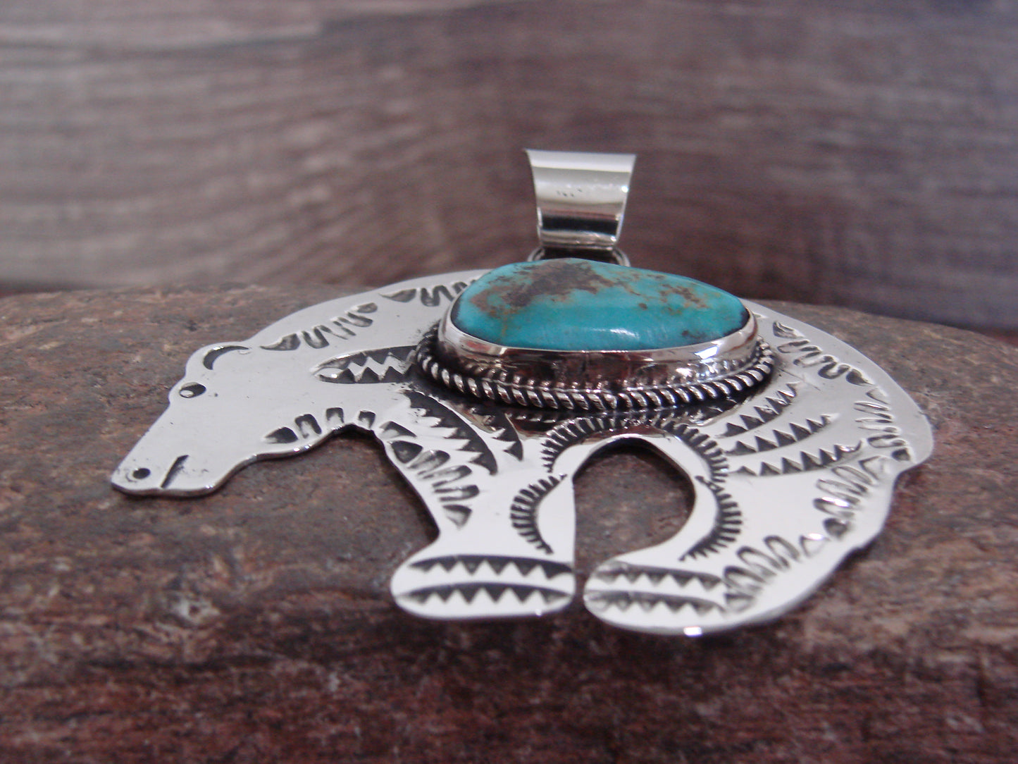 Native American Nickel Silver & Turquoise Bear Pendant - Cleveland