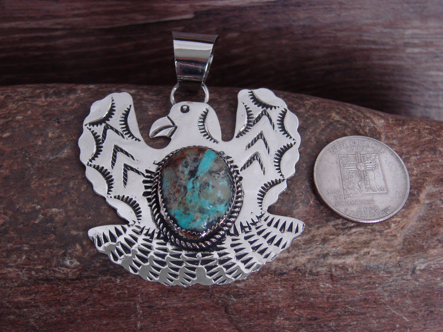 Native American Nickel Silver & Turquoise Eagle Pendant - Cleveland