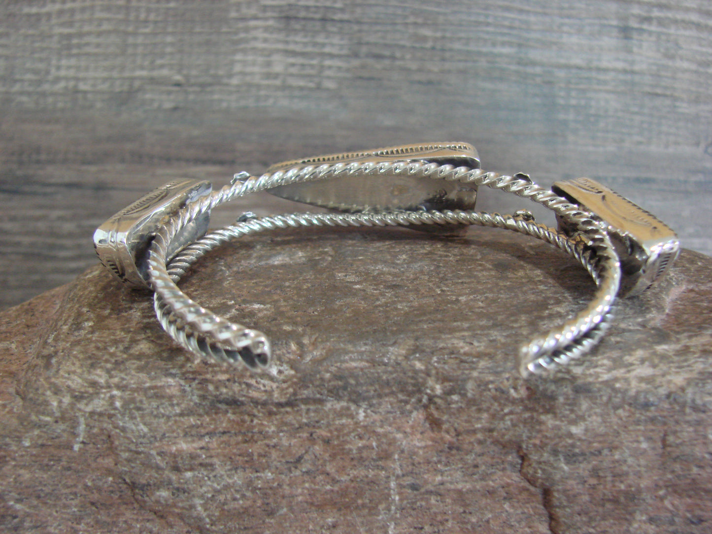Native American Sterling Silver White Buffalo Turquoise Row Bracelet by Garcia