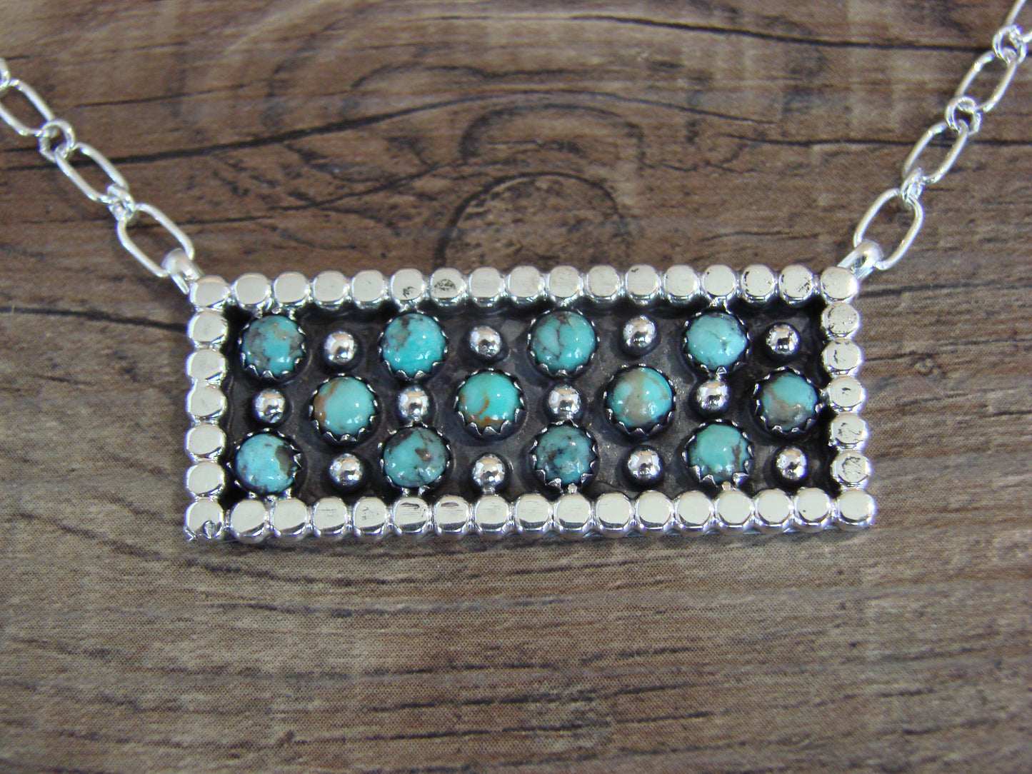 Native American 18" Sterling Silver & Turquoise Cluster Link Necklace by Lonjose