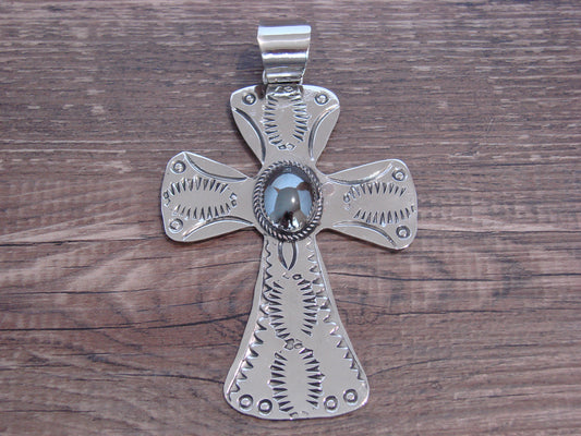 Large Native American Nickel Silver & Hematite Cross Pendant - Cleveland