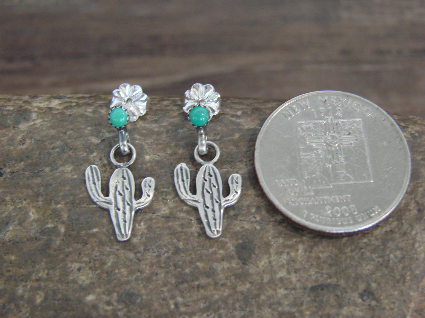 Native American Sterling Silver Turquoise Cactus Post Dangle Earrings - Yazzie