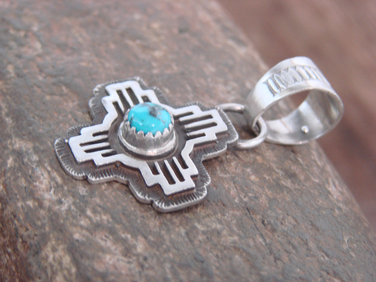 Native American Sterling Silver & Turquoise Zia Symbol Pendant - McCarthy