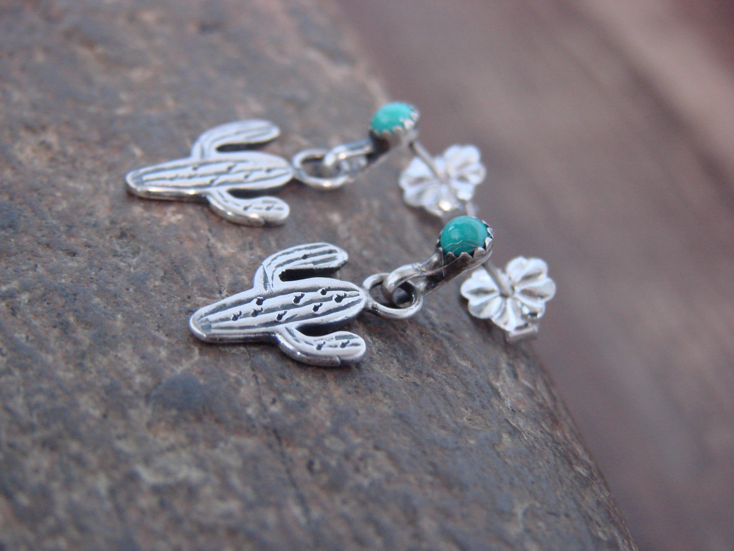 Native American Sterling Silver Turquoise Cactus Post Dangle Earrings - Yazzie