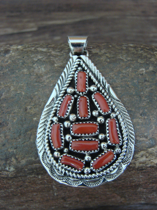 Native American Sterling Silver & Coral Cluster Pendant by M. Jones