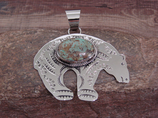 Native American Nickel Silver & Turquoise Bear Pendant - Cleveland