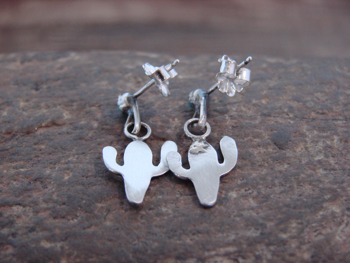 Native American Sterling Silver Turquoise Cactus Post Dangle Earrings - Yazzie