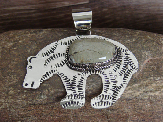 Native American Nickel Silver & Turquoise Bear Pendant - Cleveland