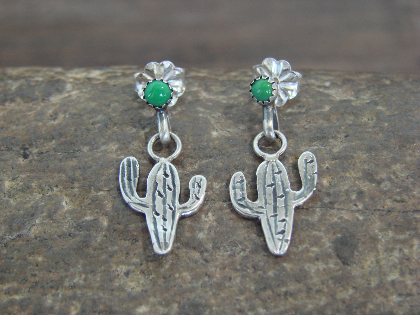 Native American Sterling Silver Green Turquoise Cactus Post Earrings - Yazzie