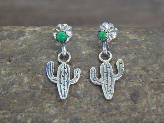 Native American Sterling Silver Green Turquoise Cactus Post Earrings - Yazzie