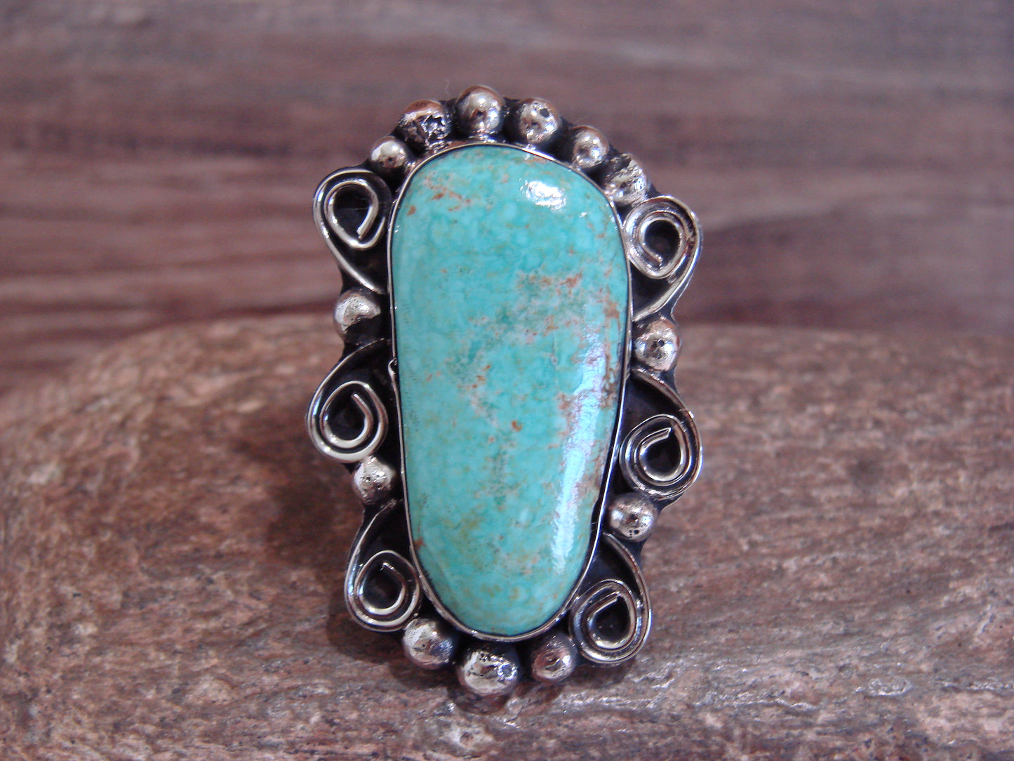 Native American Nickel Silver & Turquoise Ring by Cleveland - Size 9.5