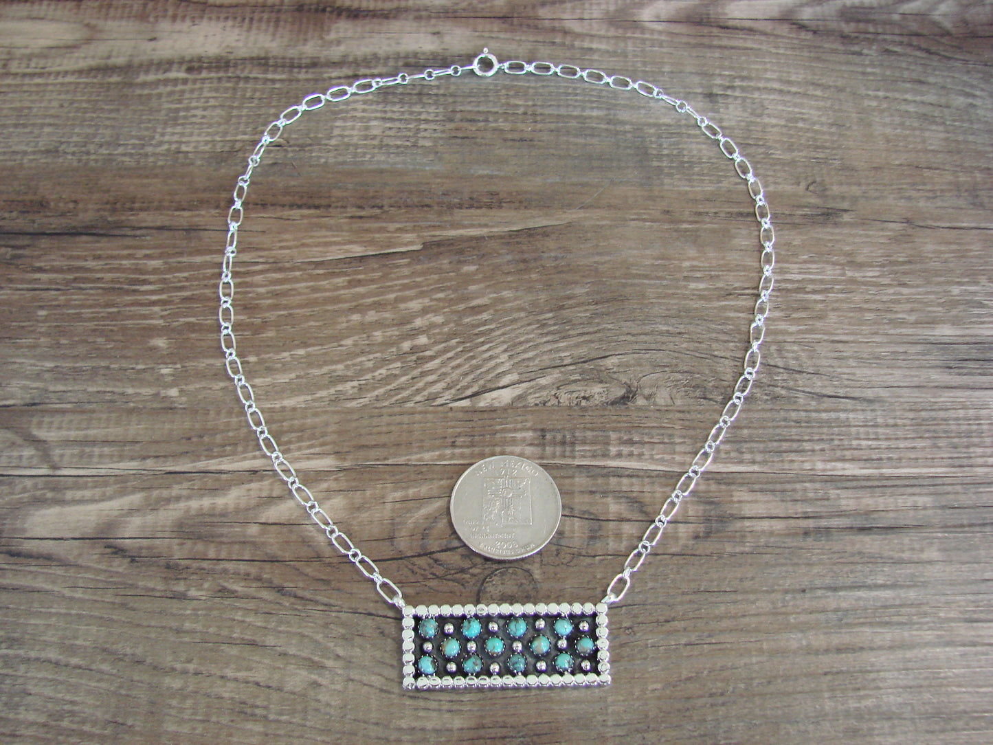 Native American 18" Sterling Silver & Turquoise Cluster Link Necklace by Lonjose