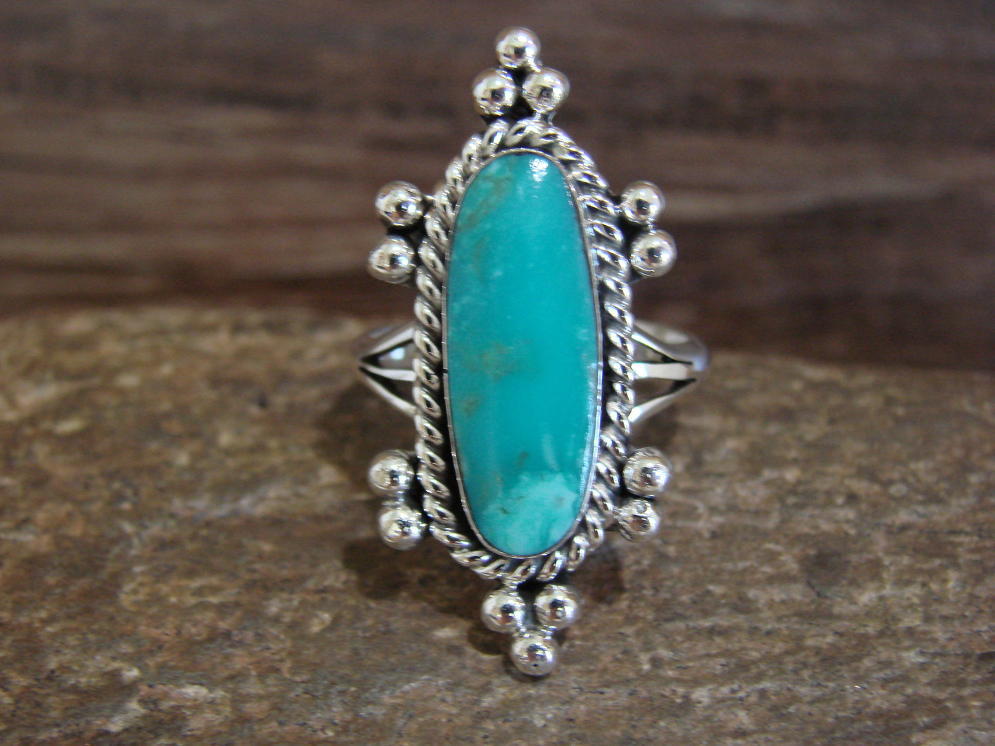 Native American Sterling Silver & Turquoise Ring by Lewis - Size 10.5