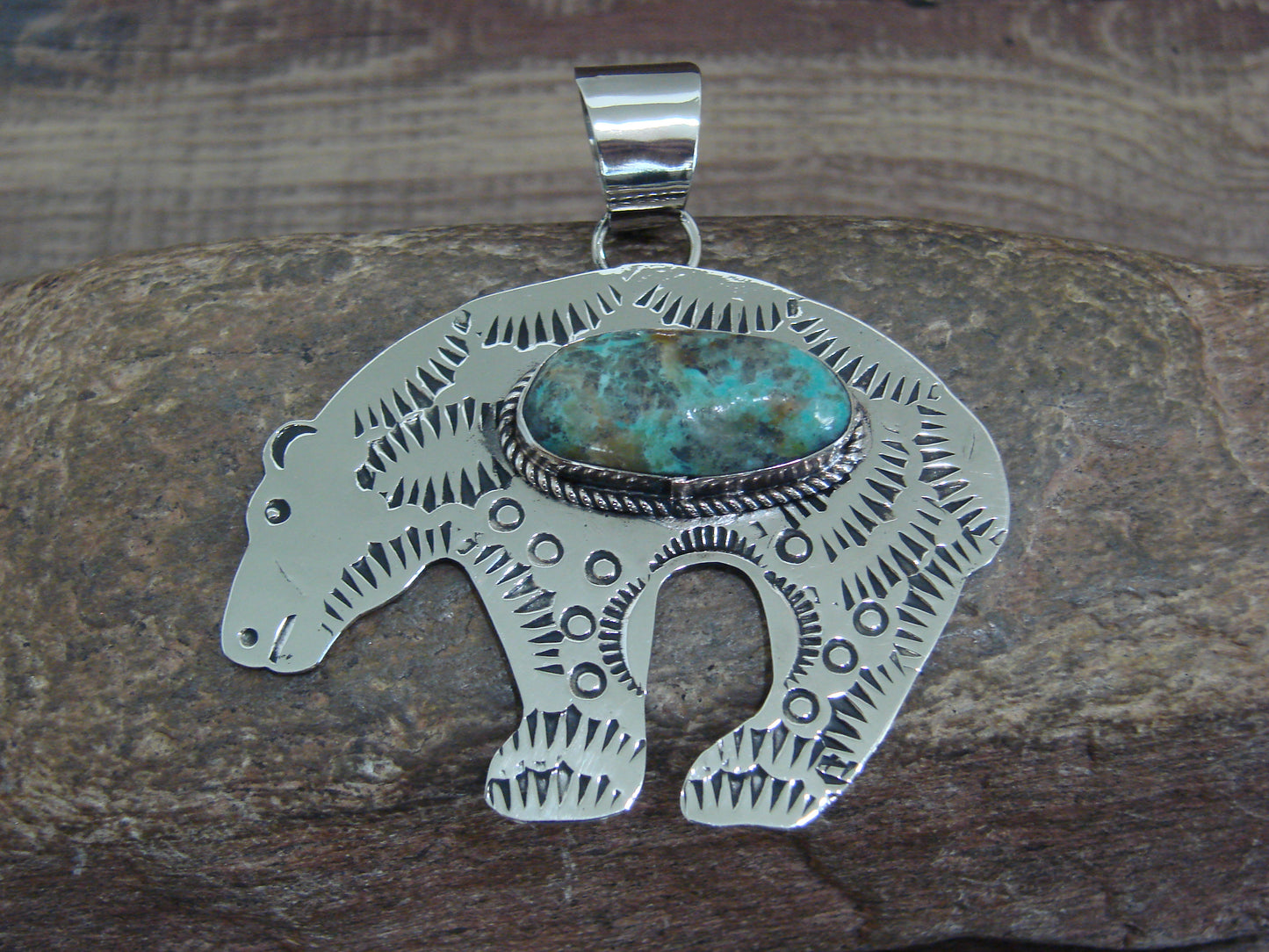 Native American Nickel Silver & Turquoise Bear Pendant - Cleveland