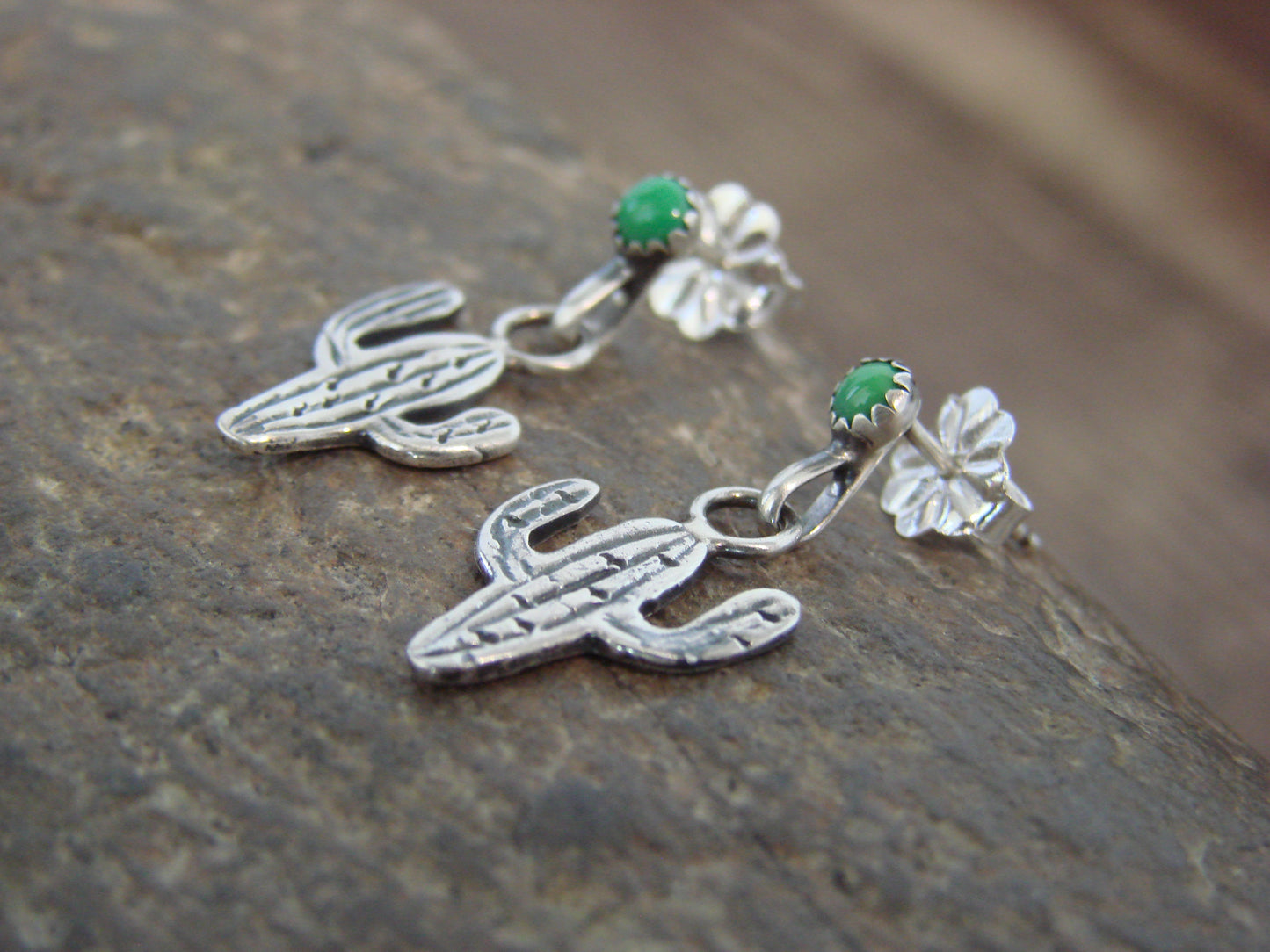 Native American Sterling Silver Green Turquoise Cactus Post Earrings - Yazzie